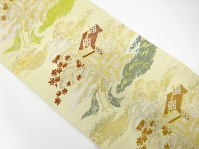 JAPANESE KIMONO / ANTIQUE FUKURO OBI / WOVEN CARRIAGE & PINE